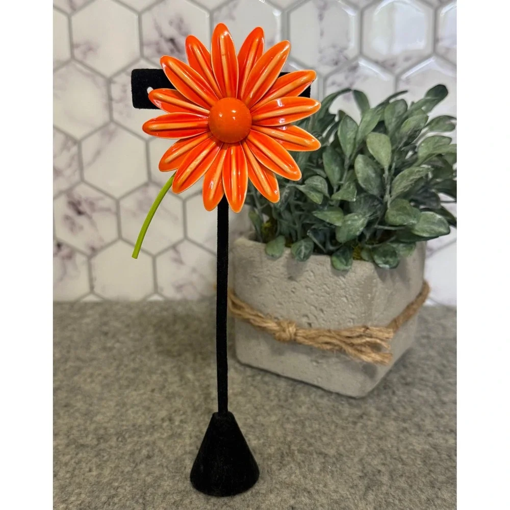 Vintage 1960s Orange Enamel Daisy Flower Brooch Pin Mod Retro Flower Power 4in